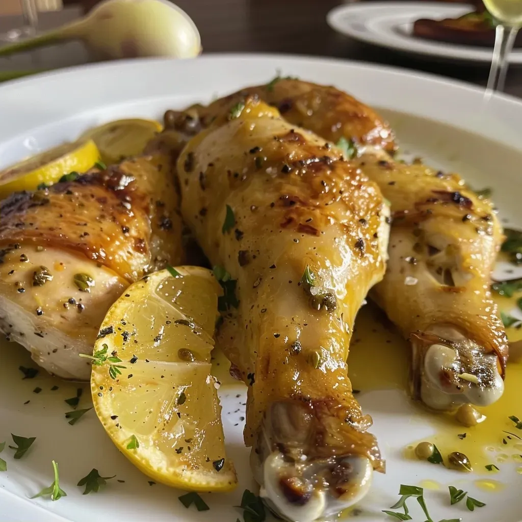 ['Pollo al limón y romero asado, presentado con hierbas frescas.', 'Vista lateral de un pollo al horno con rodajas de limón y romero.', 'Pollo jugoso preparado con limón y romero, listo para servir.', 'Primer plano de un pollo al horno con ajo y cebolla morada.']