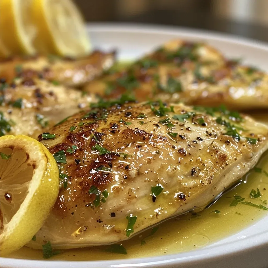 ['Pollo al Limone servido en un plato, con un acabado jugoso y dorado.', 'Vista lateral del Pollo al Limone, mostrando su textura jugosa y relleno de limón.', 'Placa de pollo al limón, con trozos de limón y perejil fresco como decoración.', 'Close-up de filetes de pollo al limón, resaltando su dorado y jugoso aspecto.']