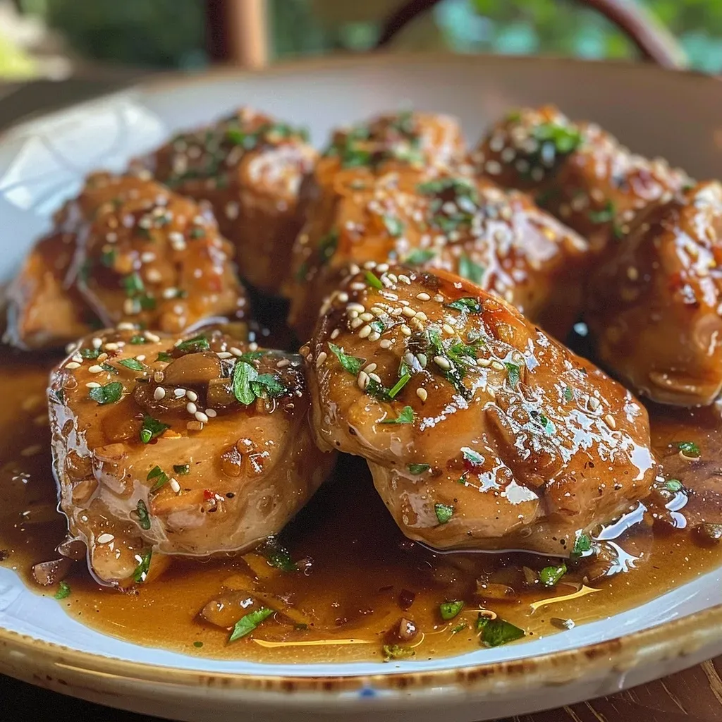 ['Pollo Brillo de Miel en un plato, dorado y jugoso.', 'Vista lateral de Pollo Brillo de Miel con un acabado brillante.', 'Primer plano de Pollo Brillo de Miel con salsa y semillas de sésamo.', 'Muslos de pollo brillantes y apetitosos, decorados con cebollas verdes.']