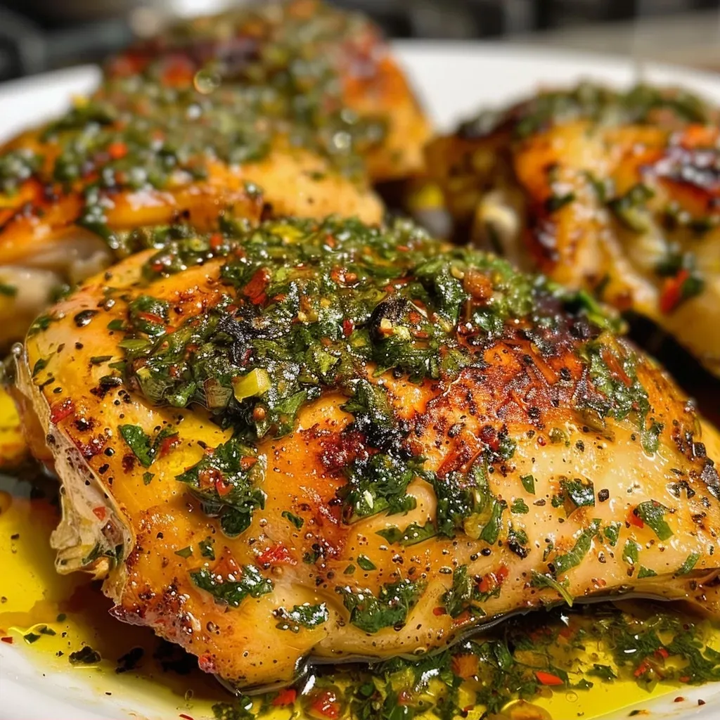 ['Pechugas de pollo bañadas en salsa chimichurri.', 'Pollo chimichurri presentado en un plato.', 'Vista lateral de pollo con chimichurri jugoso.', 'Pollo chimichurri con especias y salsa.']