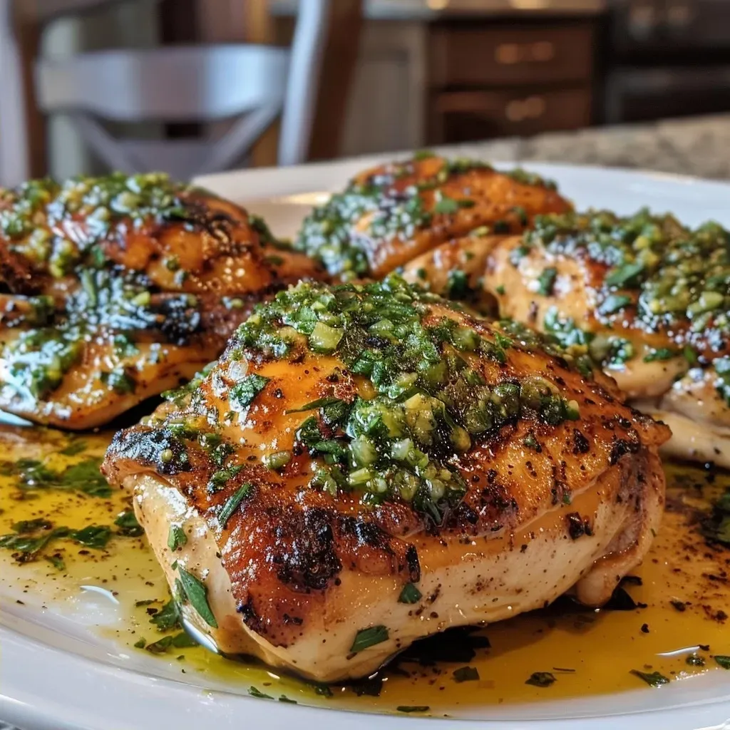 ['Pechugas de pollo bañadas en salsa chimichurri.', 'Pollo chimichurri presentado en un plato.', 'Vista lateral de pollo con chimichurri jugoso.', 'Pollo chimichurri con especias y salsa.']