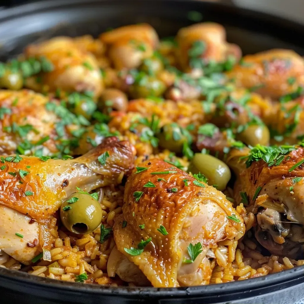 ['Pollo con aceitunas y arroz en una sartén.', 'Vista lateral de un plato de pollo con aceitunas y arroz.', 'Close-up de pollo con aceitunas y arroz en una olla.', 'Detalle de una receta de pollo con aceitunas y arroz.']