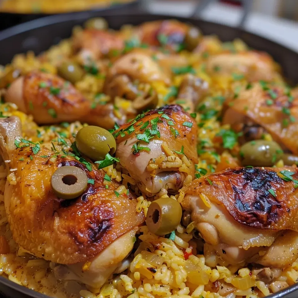 ['Plato de pollo con aceitunas y arroz en una sola sartén.', 'Vista lateral de pollo tierno con aceitunas y arroz.', 'Detalle de una receta de pollo con arroz y aceitunas.', 'Comida lista: pollo con aceitunas y arroz en una sartén.']