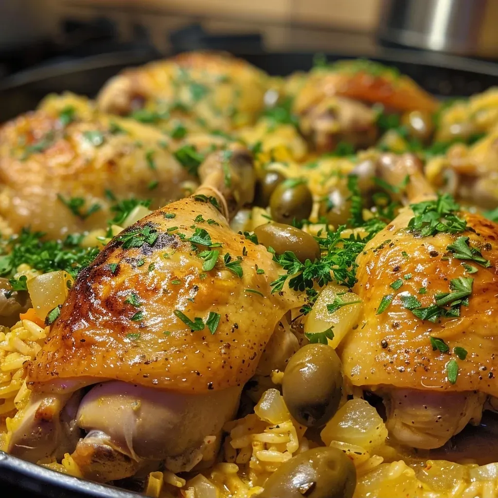 ['Pollo con aceitunas y arroz en una sartén.', 'Vista lateral de un plato de pollo con aceitunas y arroz.', 'Close-up de pollo con aceitunas y arroz en una olla.', 'Detalle de una receta de pollo con aceitunas y arroz.']