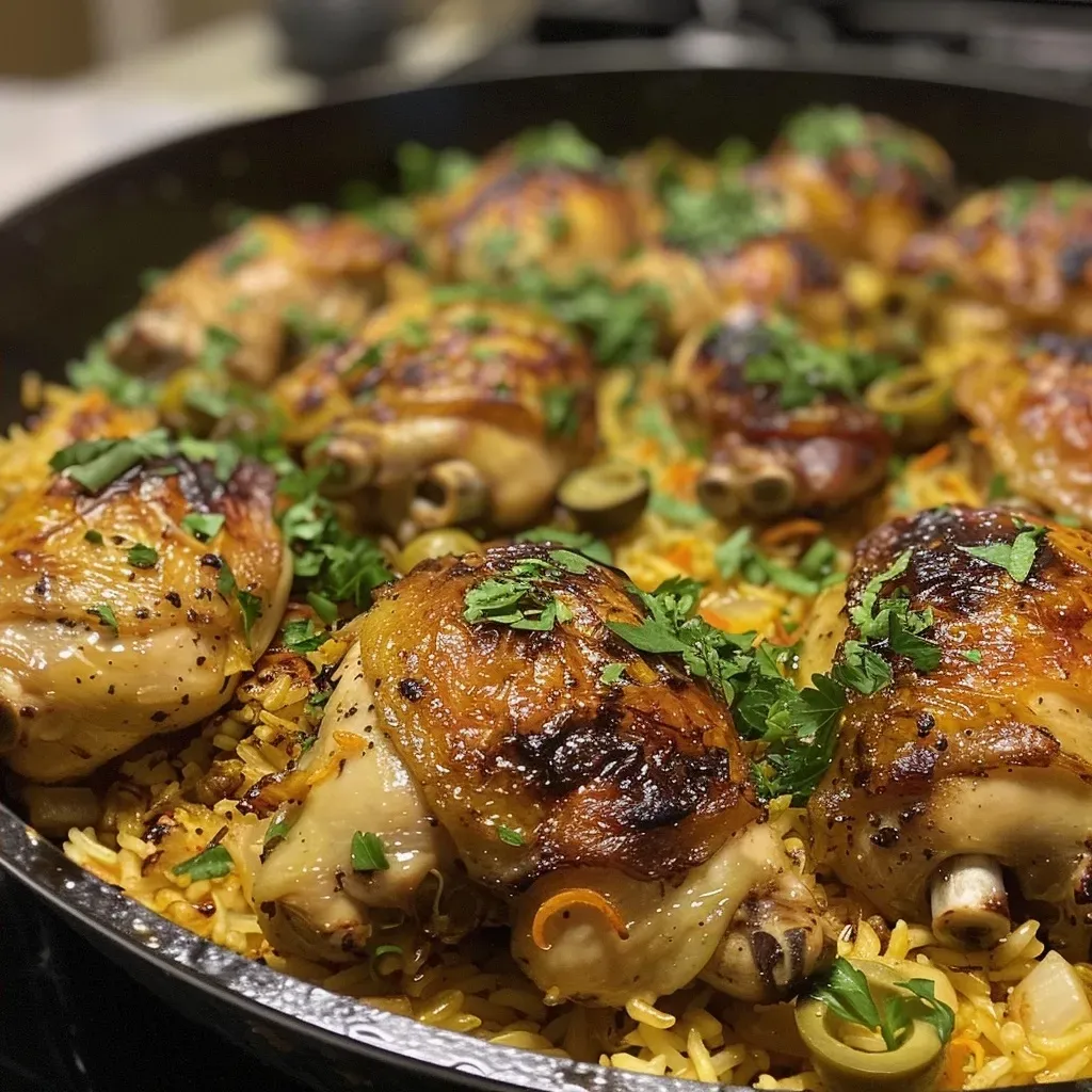 ['Plato de pollo con aceitunas y arroz en una sola sartén.', 'Vista lateral de pollo tierno con aceitunas y arroz.', 'Detalle de una receta de pollo con arroz y aceitunas.', 'Comida lista: pollo con aceitunas y arroz en una sartén.']