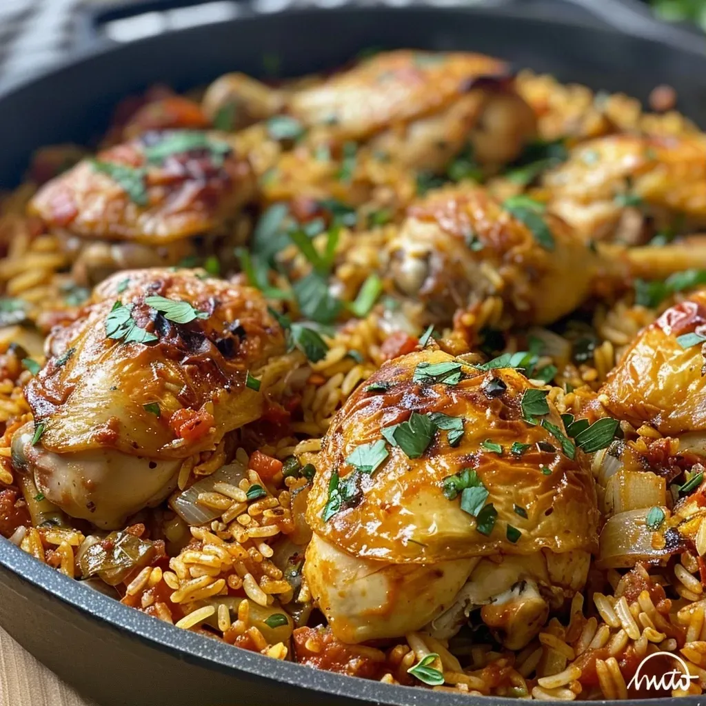 ['Plato de pollo jugoso con arroz al tomate.', 'Muslos de pollo acompañados de arroz y salsa de tomate.', 'Primer plano de pollo con arroz al tomate.', 'Pollo dorado servido sobre un lecho de arroz con tomate.']