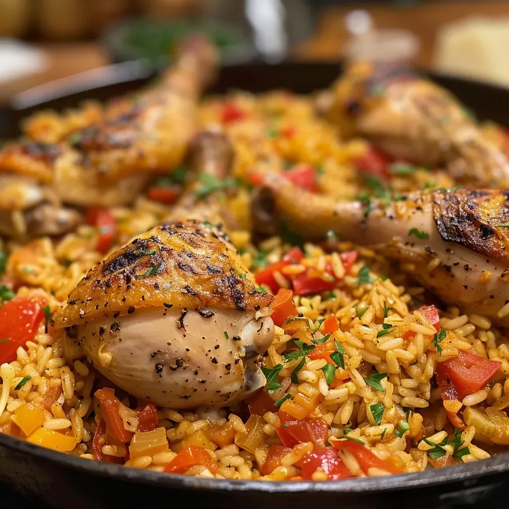 ['Muslos de pollo acompañados de arroz al tomate en un plato.', 'Primer plano de un plato de pollo con arroz y salsa de tomate.', 'Pollo dorado con arroz y tomates servido en una mesa.', 'Porción de pollo al tomate con arroz en un plato gourmet.']