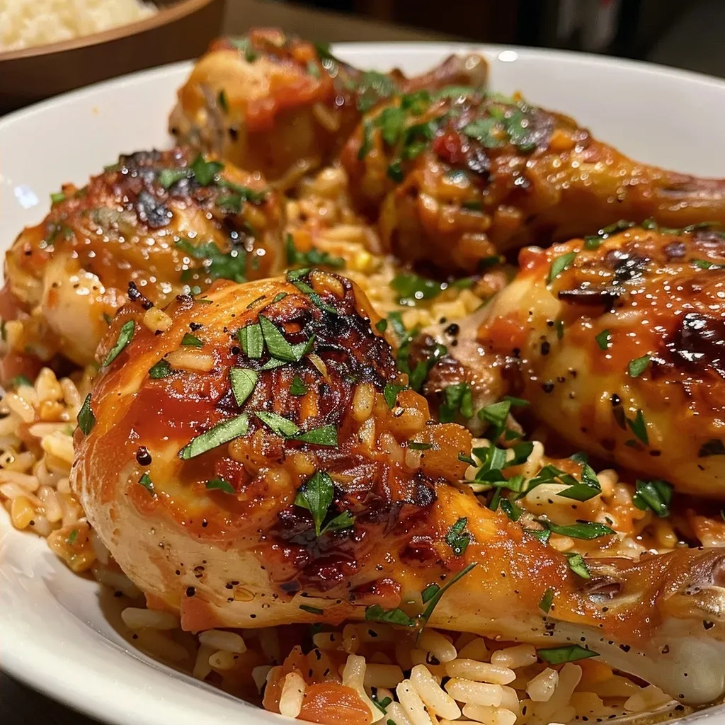 Plato de pollo jugoso con arroz al tomate.