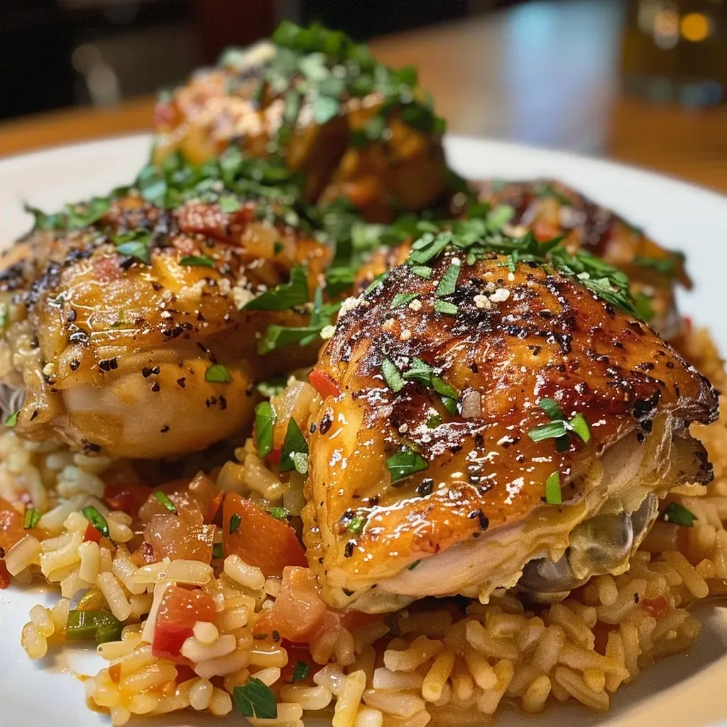 ['Muslos de pollo acompañados de arroz al tomate en un plato.', 'Primer plano de un plato de pollo con arroz y salsa de tomate.', 'Pollo dorado con arroz y tomates servido en una mesa.', 'Porción de pollo al tomate con arroz en un plato gourmet.']