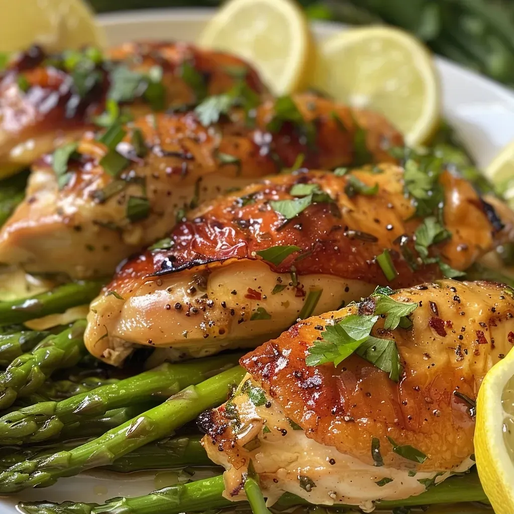 ['Pollo dorado con mantequilla de limón y eneldo acompañado de espárragos.', 'Plato de pollo con mantequilla y ajo, servido con espárragos frescos.', 'Pechugas de pollo con salsa de limón y espárragos verdes en una presentación apetitosa.', 'Pollo tierno y jugoso con mantequilla de ajo y espárragos, listo para disfrutar.']