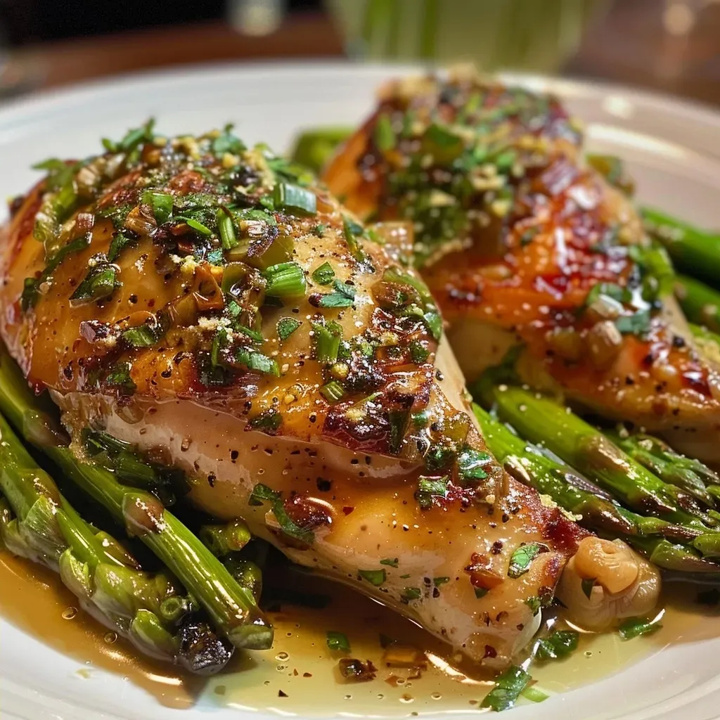 ['Pollo dorado con mantequilla de limón y eneldo acompañado de espárragos.', 'Plato de pollo con mantequilla y ajo, servido con espárragos frescos.', 'Pechugas de pollo con salsa de limón y espárragos verdes en una presentación apetitosa.', 'Pollo tierno y jugoso con mantequilla de ajo y espárragos, listo para disfrutar.']