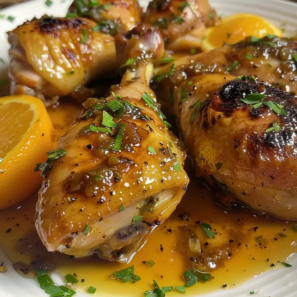 ['Pechugas de pollo glaseadas con miel y naranja.', 'Plato de Pollo con Miel y Naranja listo para servir.', 'Detalle del Pollo con Miel y Naranja en una presentación apetitosa.', 'Vista lateral de Pollo con Miel y Naranja en un plato.']