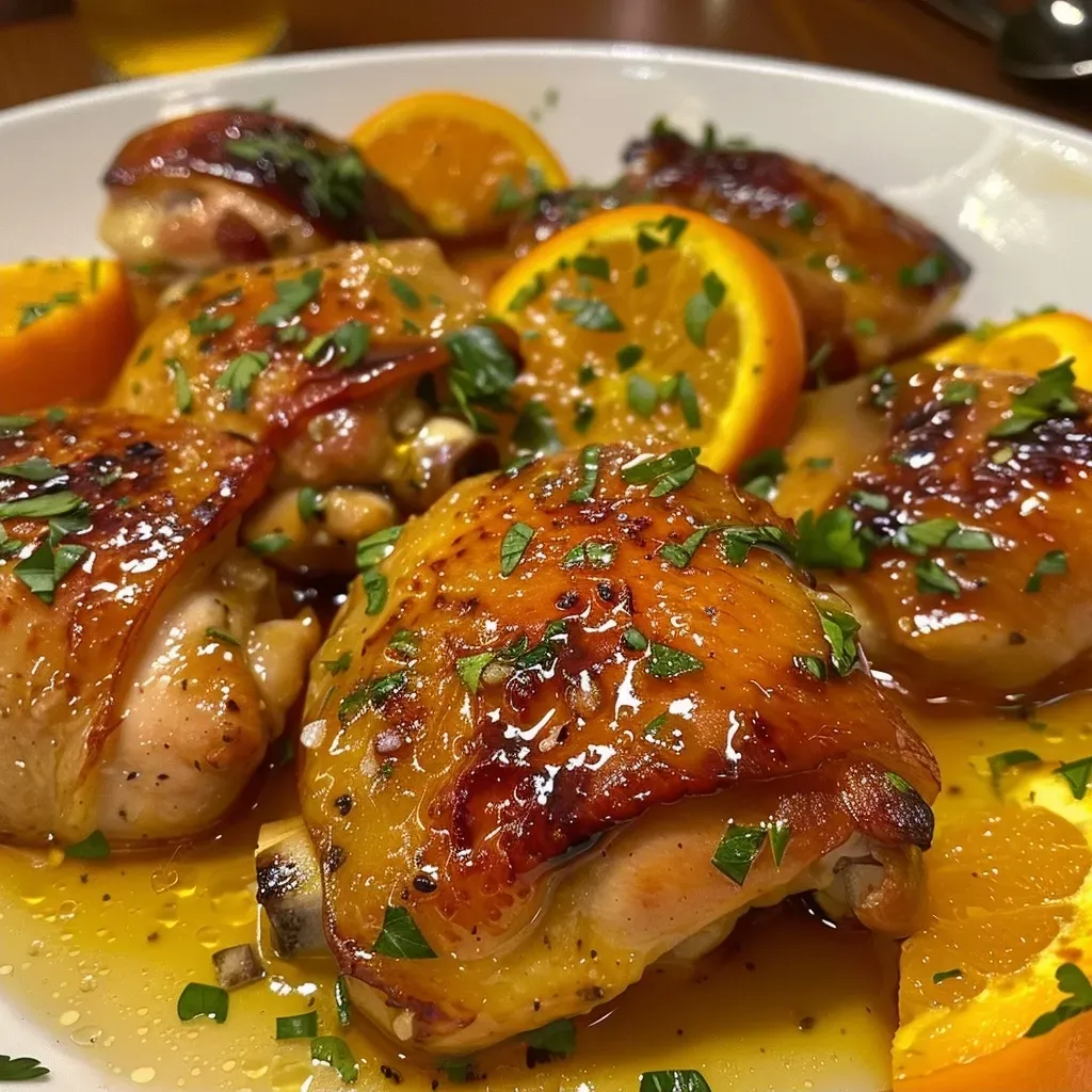 Pechugas de pollo glaseadas con miel y naranja.