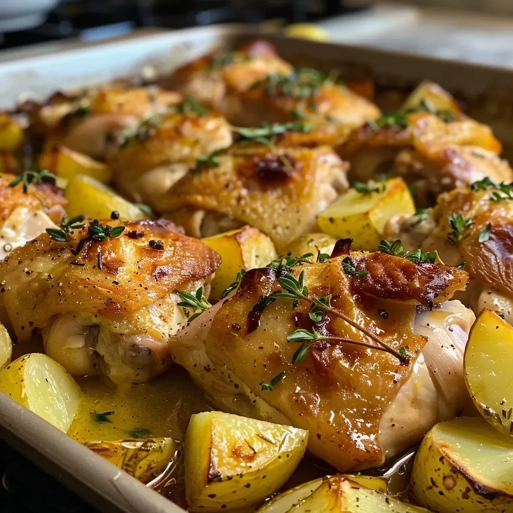 ['Muslos de pollo dorados acompañados de papas al horno.', 'Plato de Pollo con Papas al Horno listo para servir.', 'Vista lateral de Pollo con Papas al Horno en una bandeja.', 'Porción jugosa de Pollo con Papas al Horno bien presentado.']