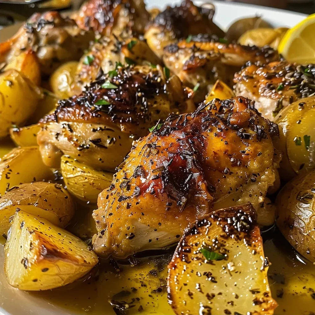 ['Muslos de pollo dorados acompañados de papas al horno.', 'Plato de Pollo con Papas al Horno listo para servir.', 'Vista lateral de Pollo con Papas al Horno en una bandeja.', 'Porción jugosa de Pollo con Papas al Horno bien presentado.']