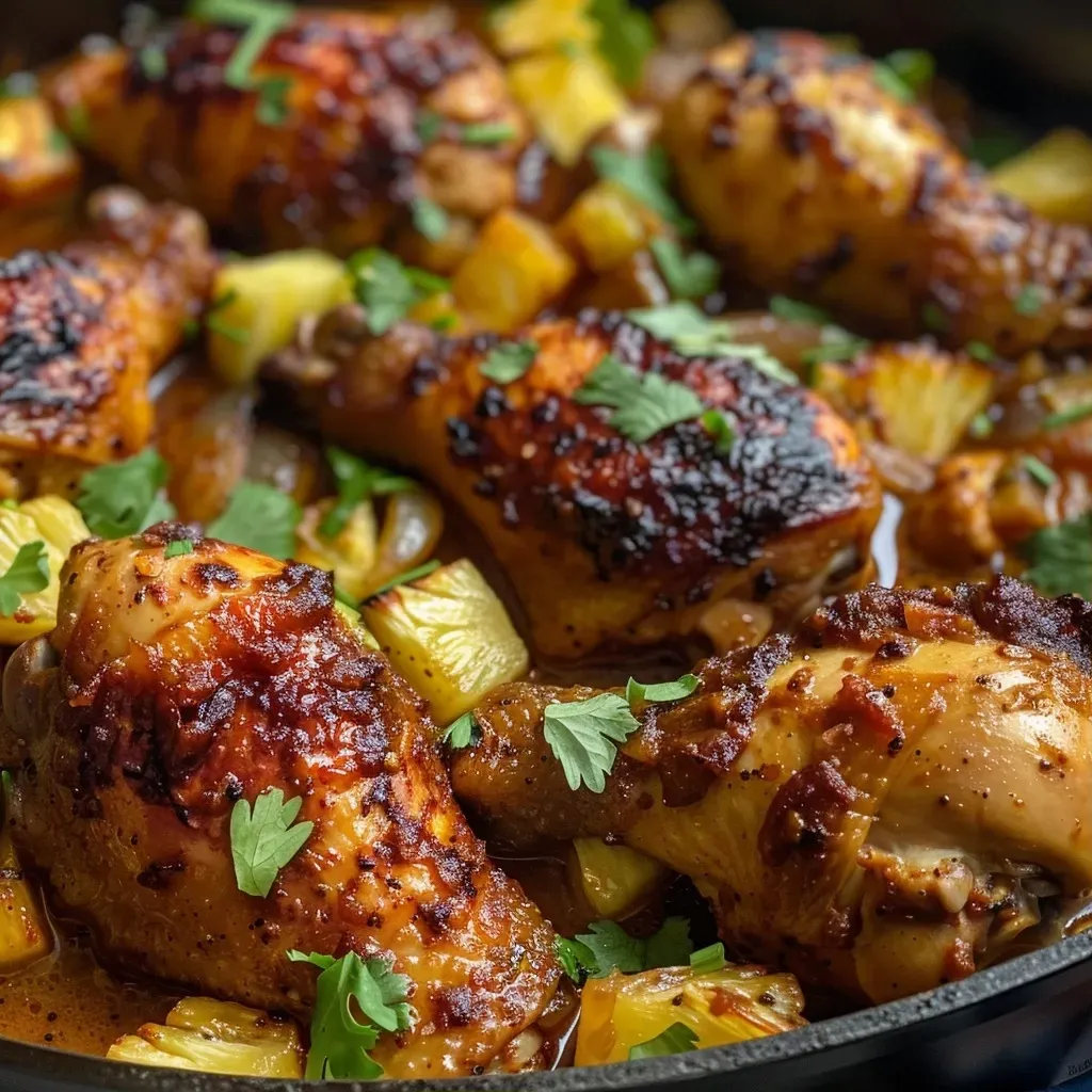 ['Pollo con piña jugoso en un plato.', 'Vista lateral de un delicioso pollo con trozos de piña.', 'Primer plano de pollo con piña preparado con ingredientes frescos.', 'Pollo y piña en un plato, listo para servir.']