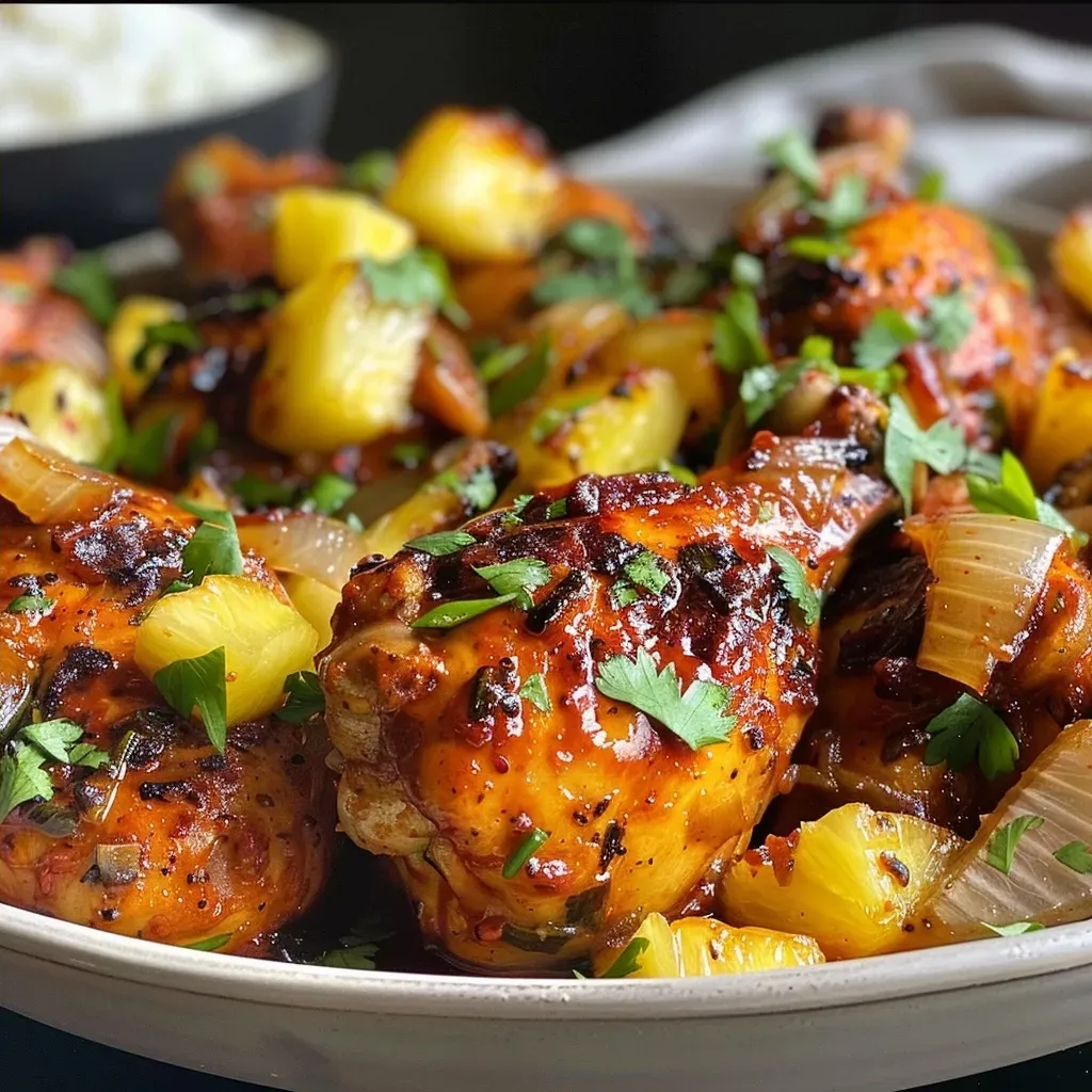 ['Pollo con piña jugoso en un plato.', 'Vista lateral de un delicioso pollo con trozos de piña.', 'Primer plano de pollo con piña preparado con ingredientes frescos.', 'Pollo y piña en un plato, listo para servir.']