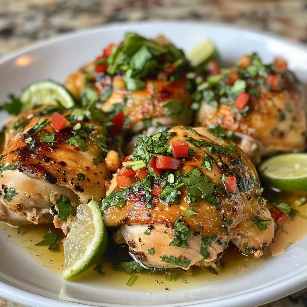 ['Placa de pollo con salsa cremosa de limón y cilantro.', 'Pollo en salsa cremosa con limón y hierbas frescas.', 'Close-up de pollo jugoso con salsa de limón y cilantro.', 'Pechugas de pollo en una rica salsa cremosa de limón.']