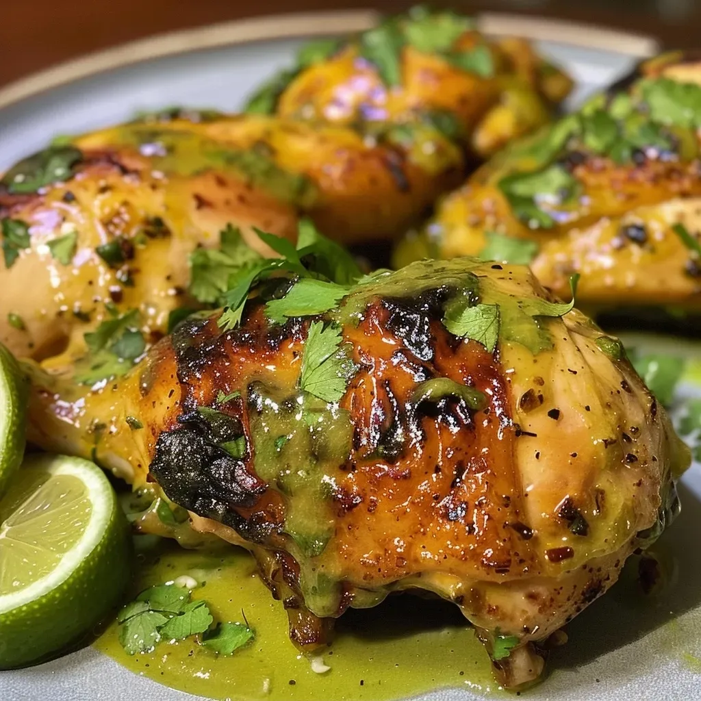 ['Placa de pollo con salsa cremosa de limón y cilantro.', 'Pollo en salsa cremosa con limón y hierbas frescas.', 'Close-up de pollo jugoso con salsa de limón y cilantro.', 'Pechugas de pollo en una rica salsa cremosa de limón.']