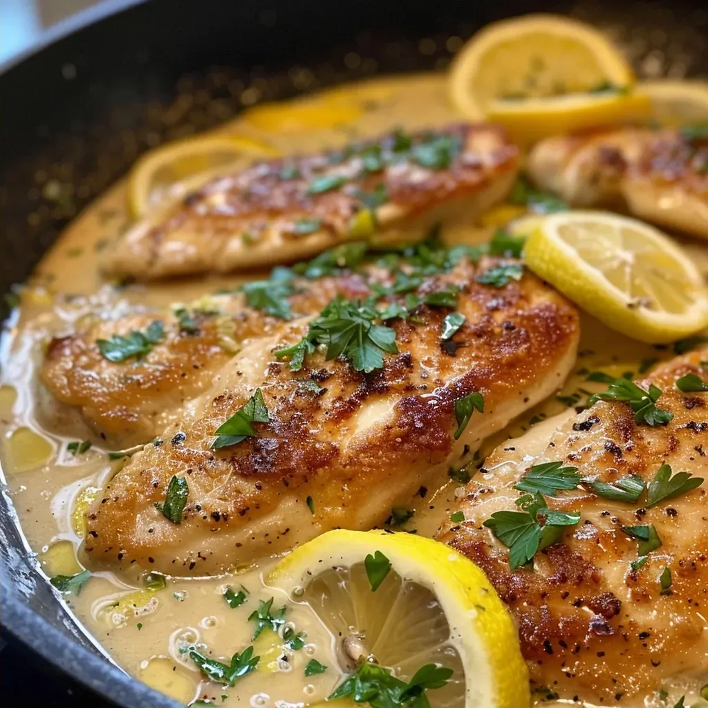 ['Pollo cremoso al limón con guarnición de limón y perejil.', 'Tierno pollo en salsa cremosa de limón en un plato.', 'Vista lateral de pollo cremoso al limón servido con rodajas de limón.', 'Pollo al limón con salsa cremosa, decorado con perejil fresco.']