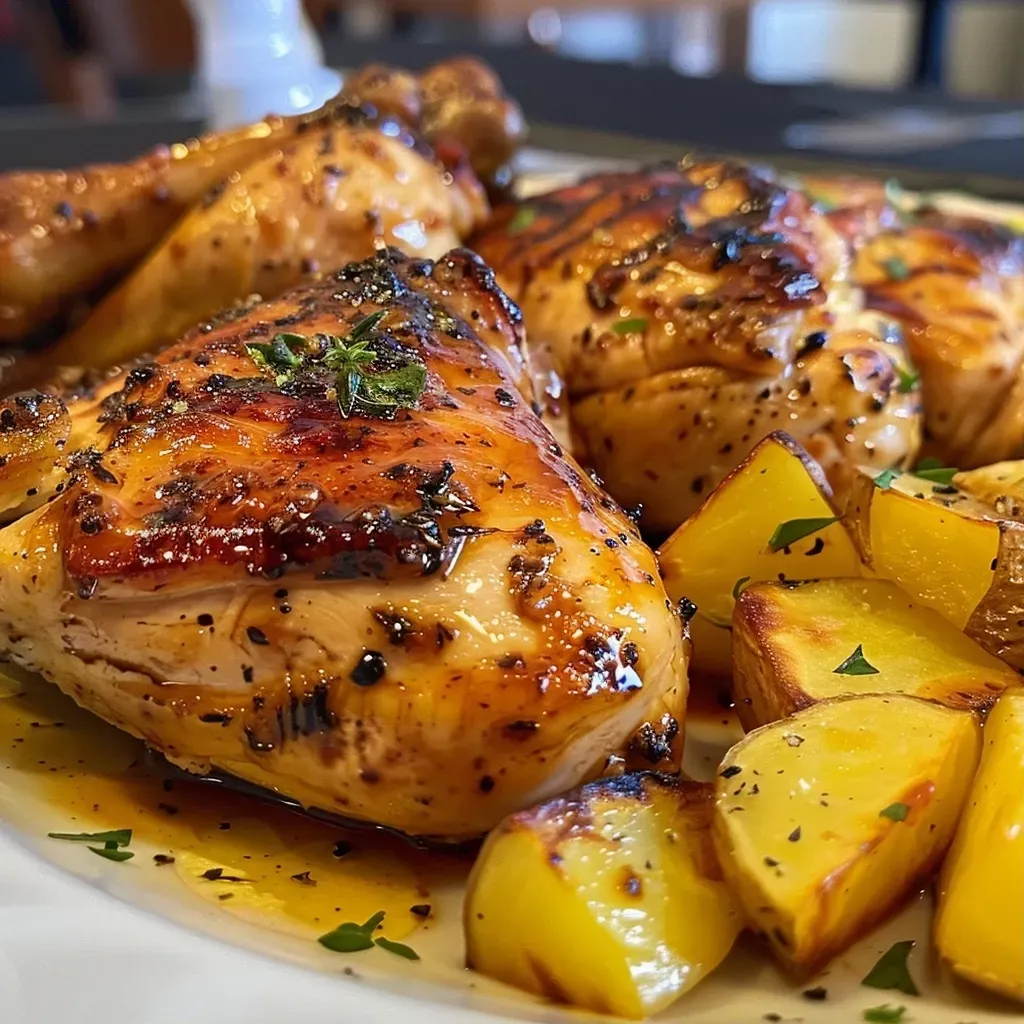 ['Pollo en salsa barbecue acompañado de patatas y hierbas.', 'Primer plano de pollo glaseado en salsa barbecue con guarnición.', 'Pollo jugoso en salsa barbecue servido con rodajas de patata.', 'Vista lateral de pollo en salsa barbecue y decoración de hierbas.']