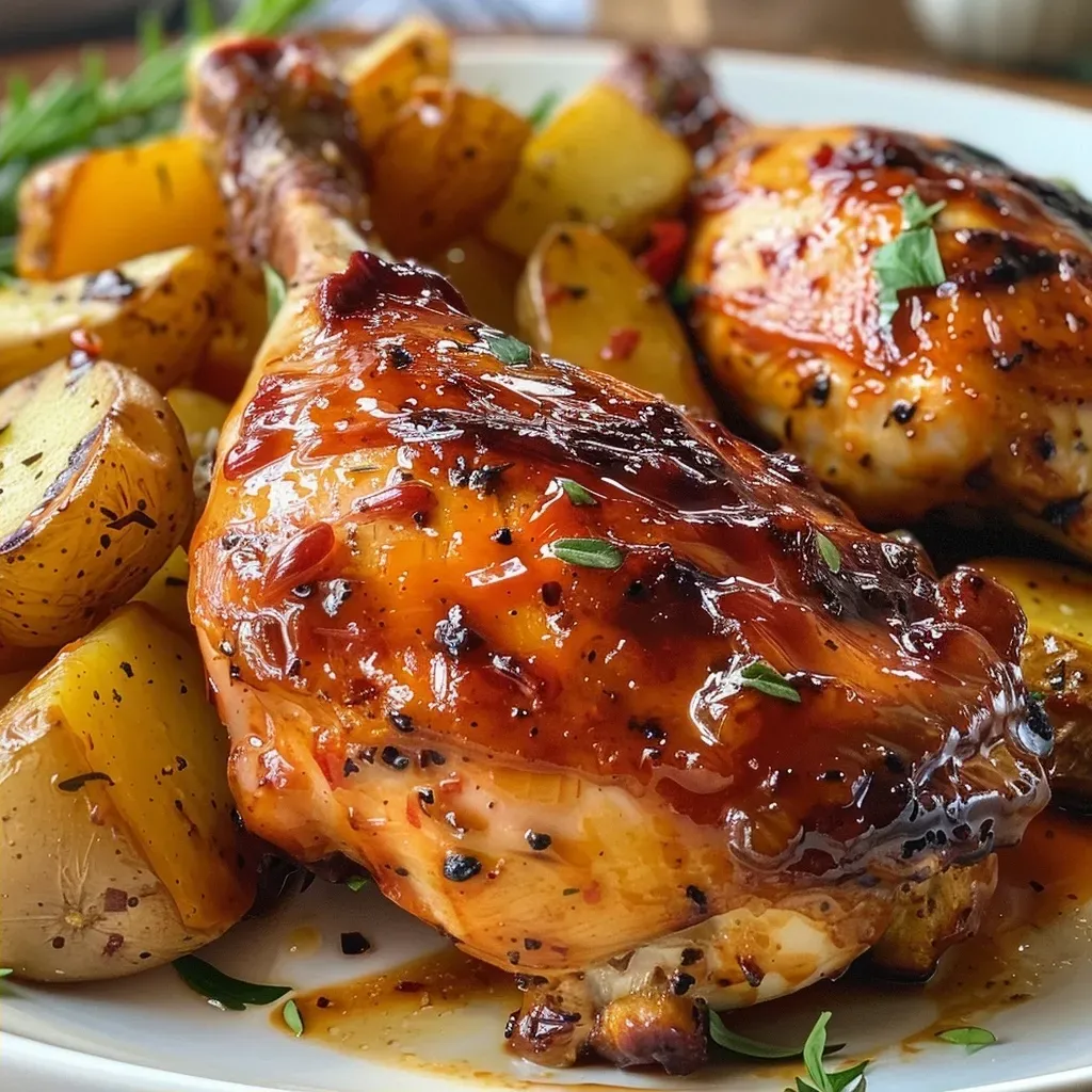 ['Pollo en salsa barbecue acompañado de patatas y hierbas.', 'Primer plano de pollo glaseado en salsa barbecue con guarnición.', 'Pollo jugoso en salsa barbecue servido con rodajas de patata.', 'Vista lateral de pollo en salsa barbecue y decoración de hierbas.']