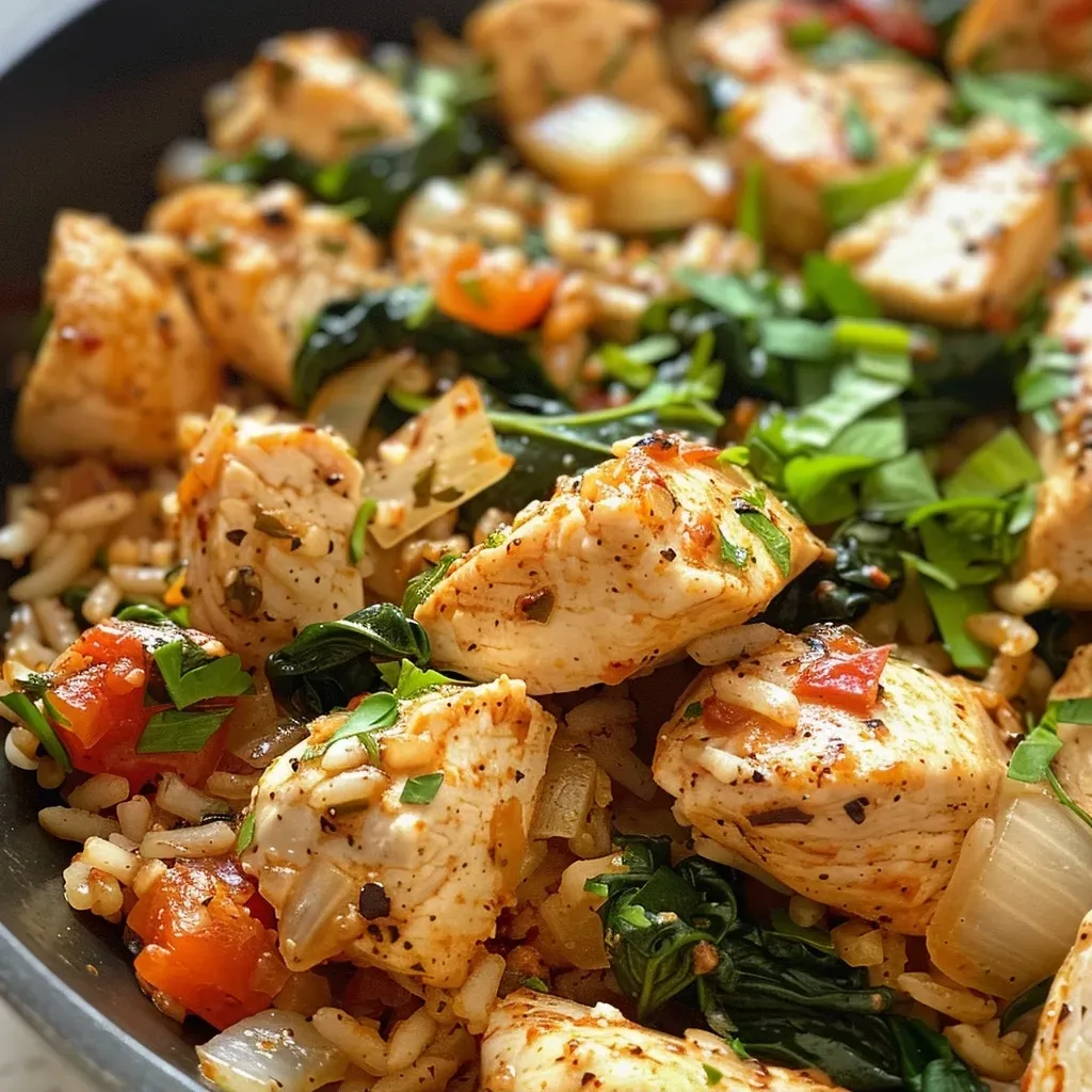 ['Pequeña porción de pollo con espinacas y arroz en un plato.', 'Close up de un plato de arroz con espinacas y pollo jugoso.', 'Vista lateral de pollo salteado con espinacas y arroz en una sartén.', 'Detalle de los ingredientes principales: pollo, espinacas y arroz.']