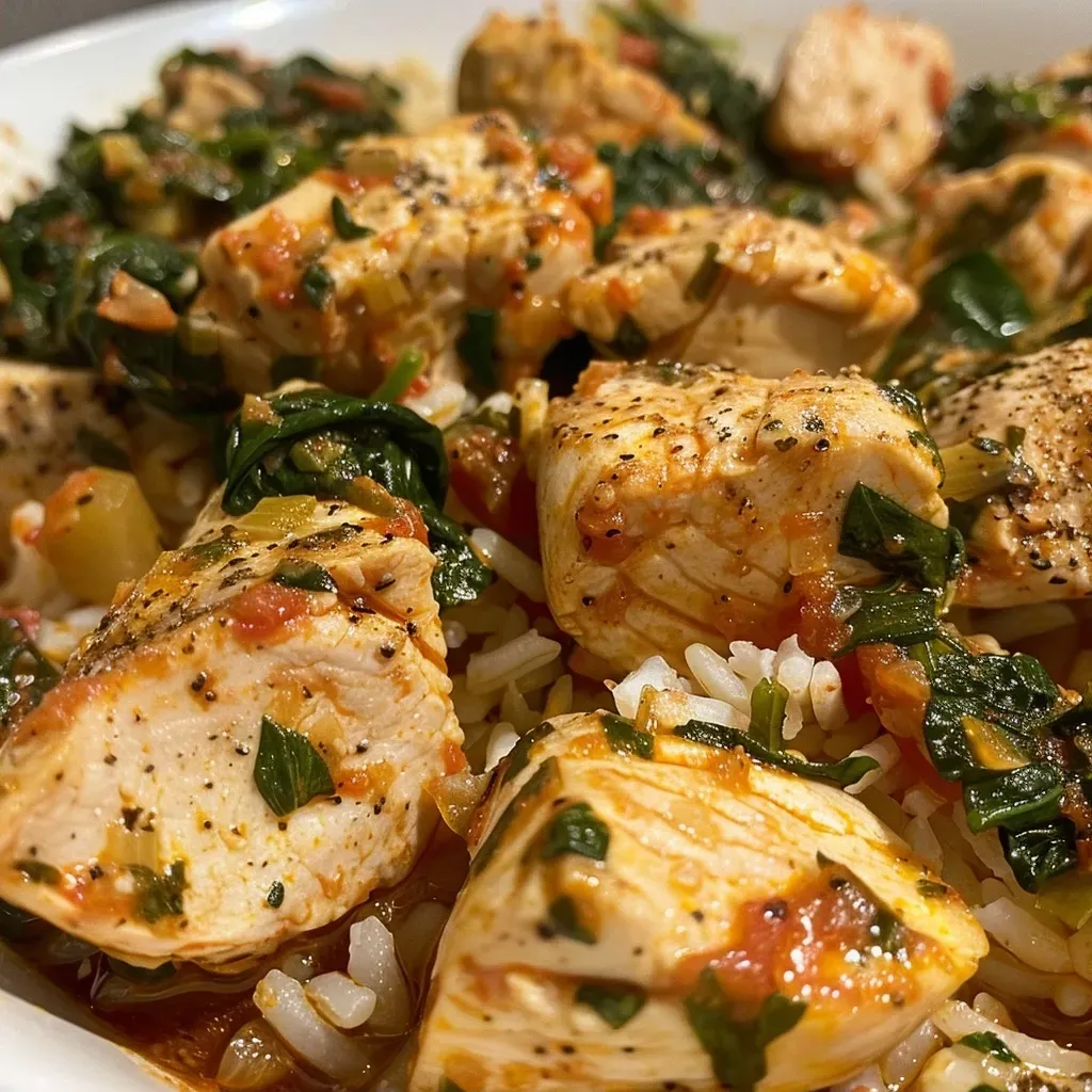 ['Pequeña porción de pollo con espinacas y arroz en un plato.', 'Close up de un plato de arroz con espinacas y pollo jugoso.', 'Vista lateral de pollo salteado con espinacas y arroz en una sartén.', 'Detalle de los ingredientes principales: pollo, espinacas y arroz.']