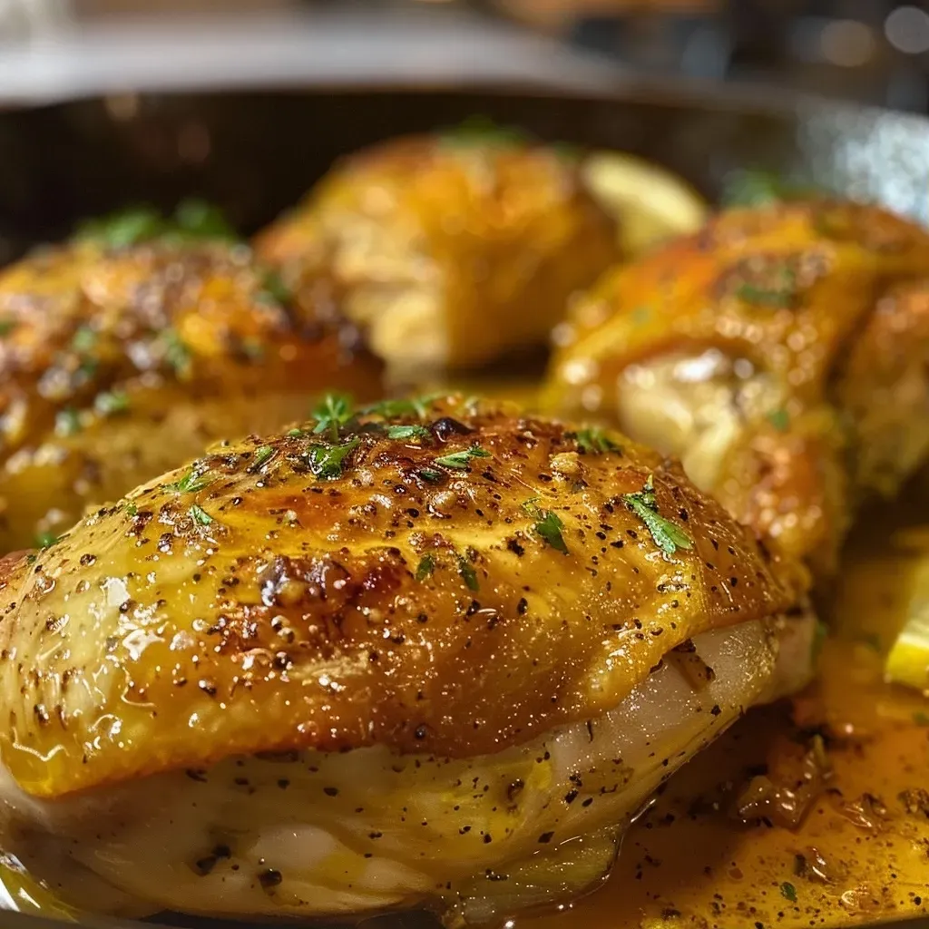 ['Pollo glaseado con limón y miel, jugoso y dorado.', 'Vista lateral de pollo con glaseado de miel y ajo.', 'Primer plano de pollo en salsa de limón y miel.', 'Porción de pollo glaseado, con un brillo apetitoso.']