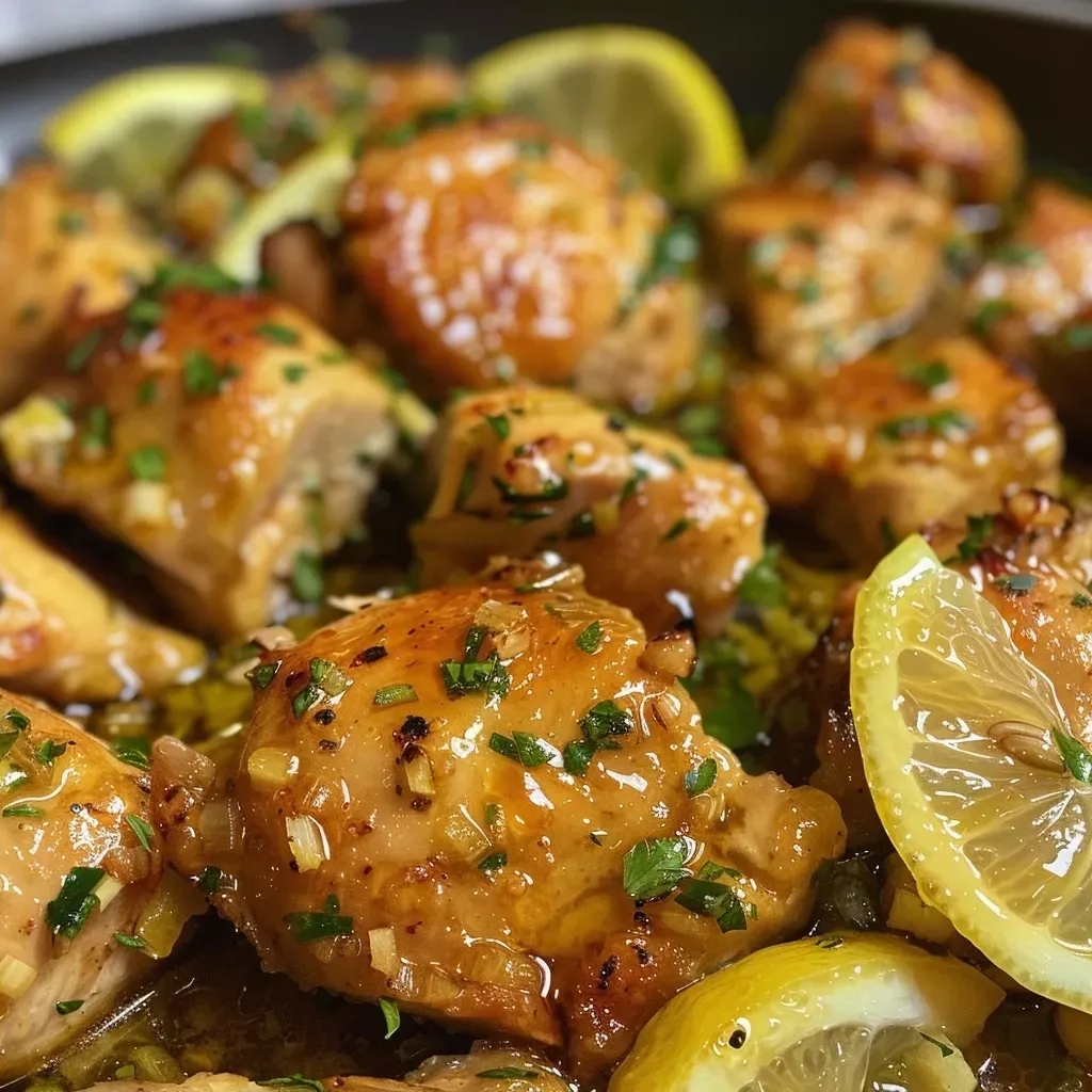 ['Pollo glaseado con limón y miel, jugoso y dorado.', 'Vista lateral de pollo con glaseado de miel y ajo.', 'Primer plano de pollo en salsa de limón y miel.', 'Porción de pollo glaseado, con un brillo apetitoso.']