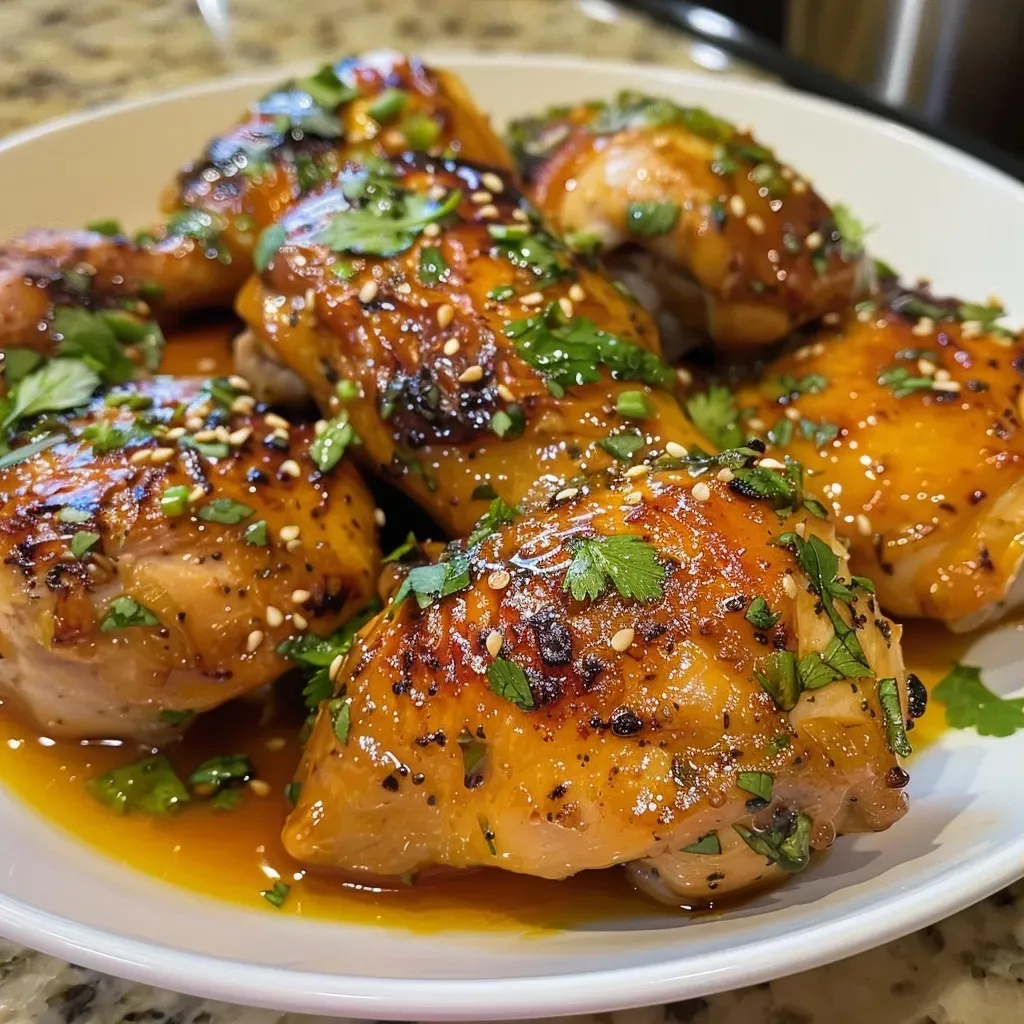['Pollo glaseado en salsa agridulce de naranja en un plato.', 'Pechugas de pollo cubiertas con salsa de naranja brillante.', 'Vista lateral de pollo glaseado en salsa agridulce.', 'Porción de pollo glaseado con salsa de naranja en la mesa.']