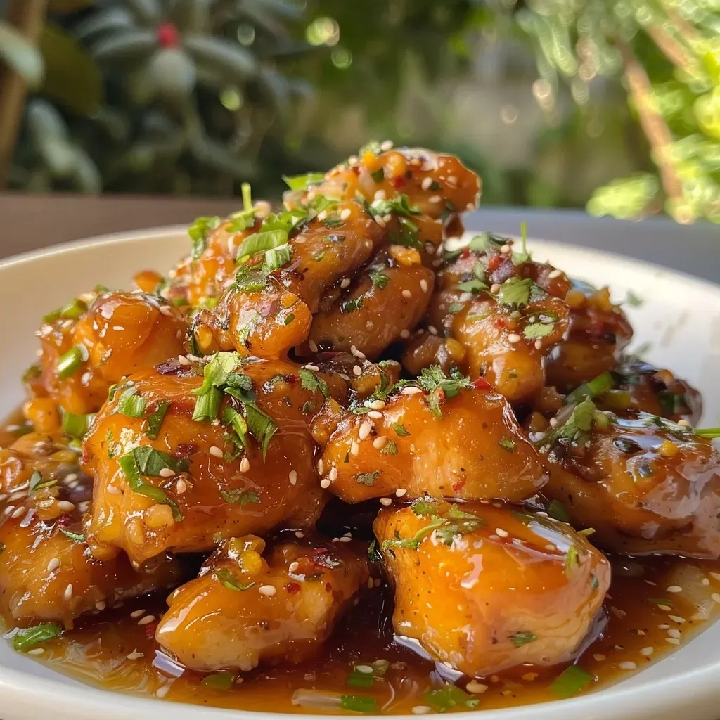 ['Pollo glaseado en salsa agridulce de naranja en un plato.', 'Pechugas de pollo cubiertas con salsa de naranja brillante.', 'Vista lateral de pollo glaseado en salsa agridulce.', 'Porción de pollo glaseado con salsa de naranja en la mesa.']