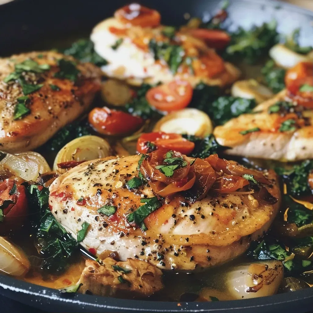 ['Pollo Mediterráneo jugoso con arroz, servido en un plato.', 'Primer plano de pollo con especias mediterráneas y arroz.', 'Plato delicioso de pollo, kale y tomates secos.', 'Pollo y arroz mediterráneo en una presentación apetecible.']