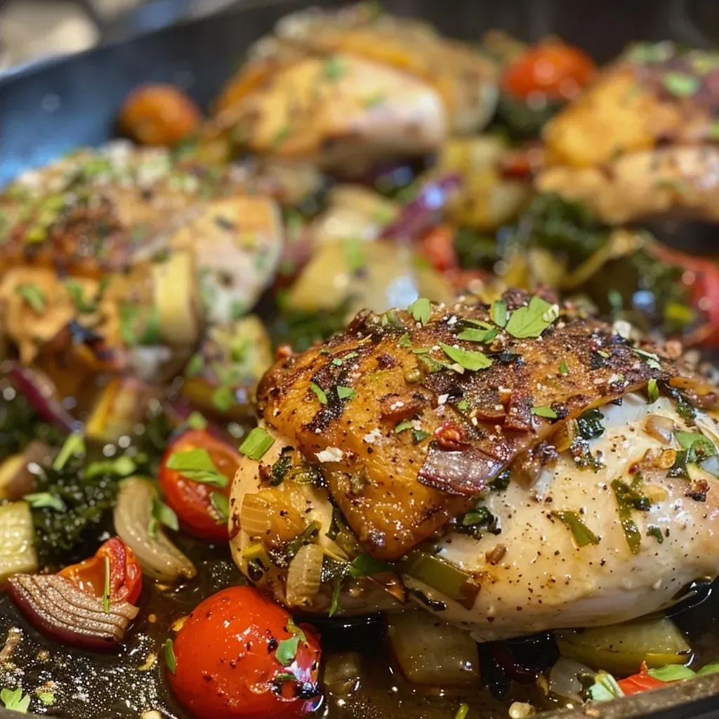 ['Pollo Mediterráneo jugoso con arroz, servido en un plato.', 'Primer plano de pollo con especias mediterráneas y arroz.', 'Plato delicioso de pollo, kale y tomates secos.', 'Pollo y arroz mediterráneo en una presentación apetecible.']