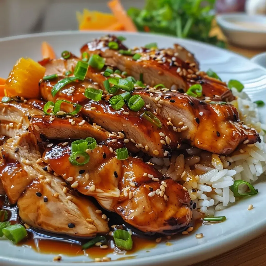 ['Pechuga de pollo teriyaki glaseada sobre un plato.', 'Primer plano de pollo teriyaki con salsa en un fondo neutro.', 'Pollo teriyaki cocinado y decorado con cebollín y ajonjolí.', 'Porción jugosa de pollo teriyaki lista para servir.']