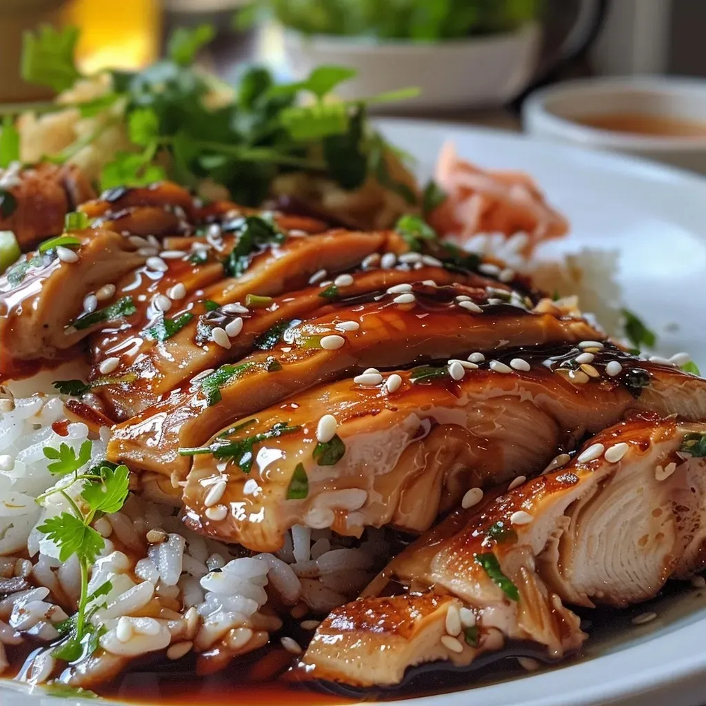 ['Pechuga de pollo teriyaki glaseada sobre un plato.', 'Primer plano de pollo teriyaki con salsa en un fondo neutro.', 'Pollo teriyaki cocinado y decorado con cebollín y ajonjolí.', 'Porción jugosa de pollo teriyaki lista para servir.']