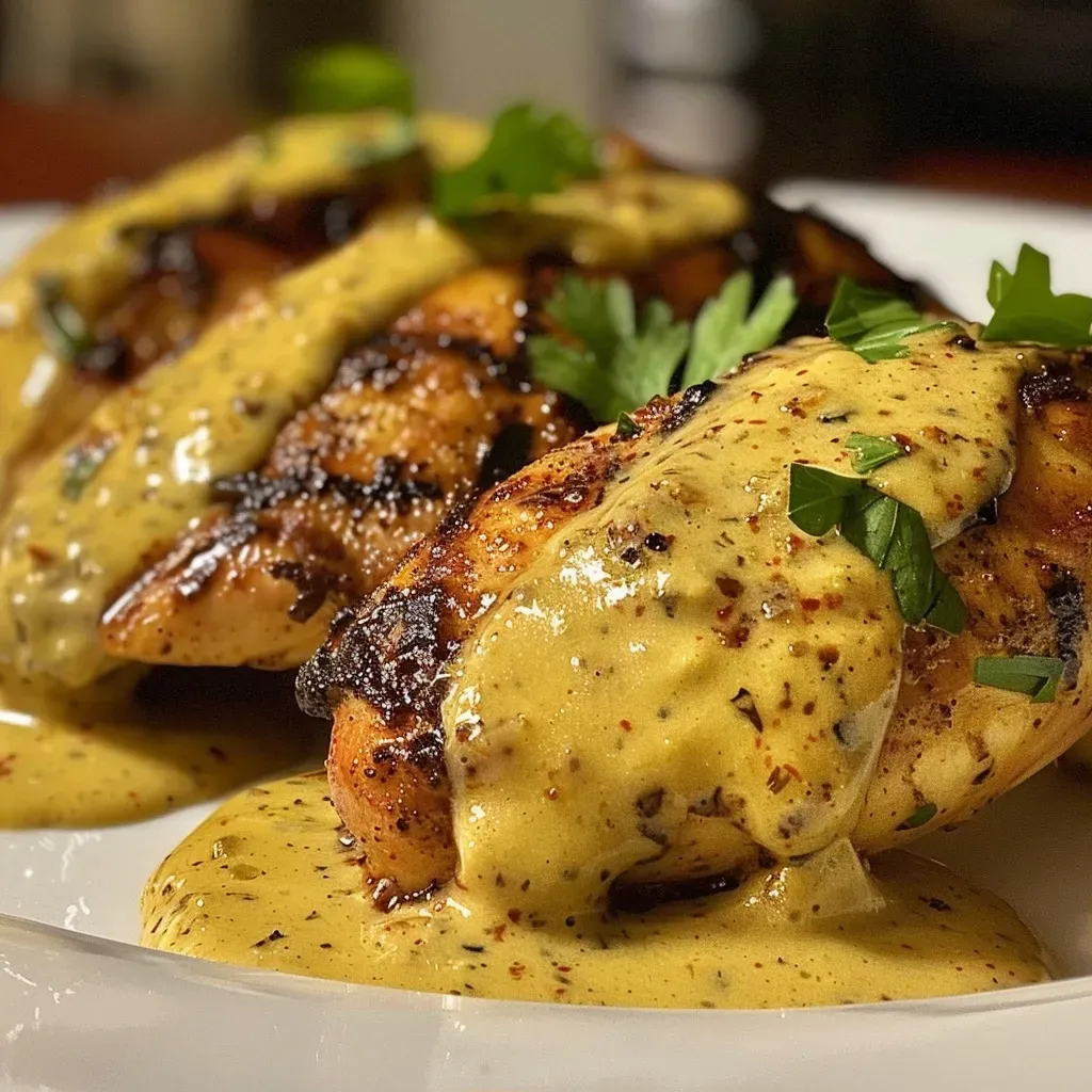 ['Pequeño plato de Pollo Tropical con salsa de mostaza y curry.', 'Close up de pollo servido con salsa de mostaza y curry.', 'Detalle de receta de Pollo Tropical con salsa amarilla.', 'Vista lateral de pollo con salsa de curry y mostaza.']