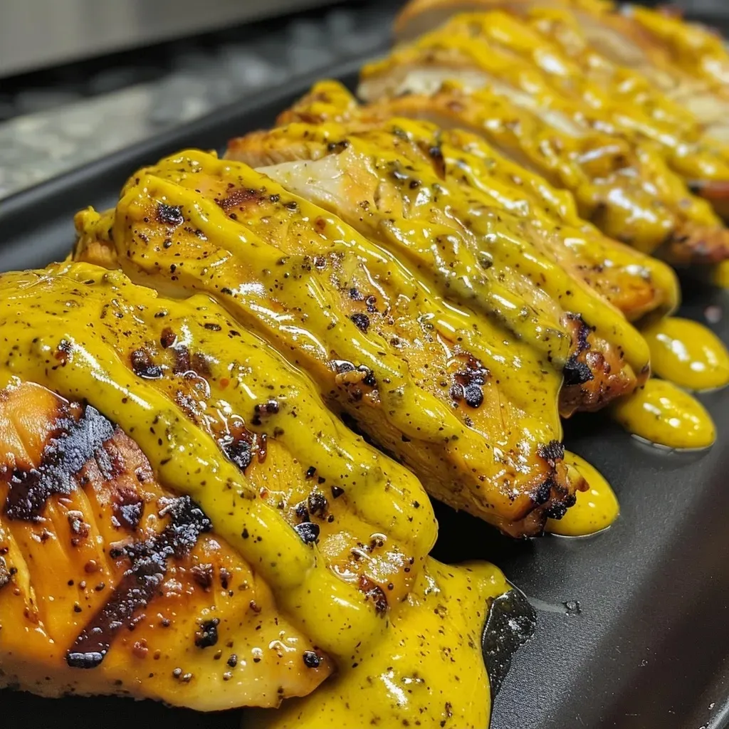 ['Pequeño plato de Pollo Tropical con salsa de mostaza y curry.', 'Close up de pollo servido con salsa de mostaza y curry.', 'Detalle de receta de Pollo Tropical con salsa amarilla.', 'Vista lateral de pollo con salsa de curry y mostaza.']