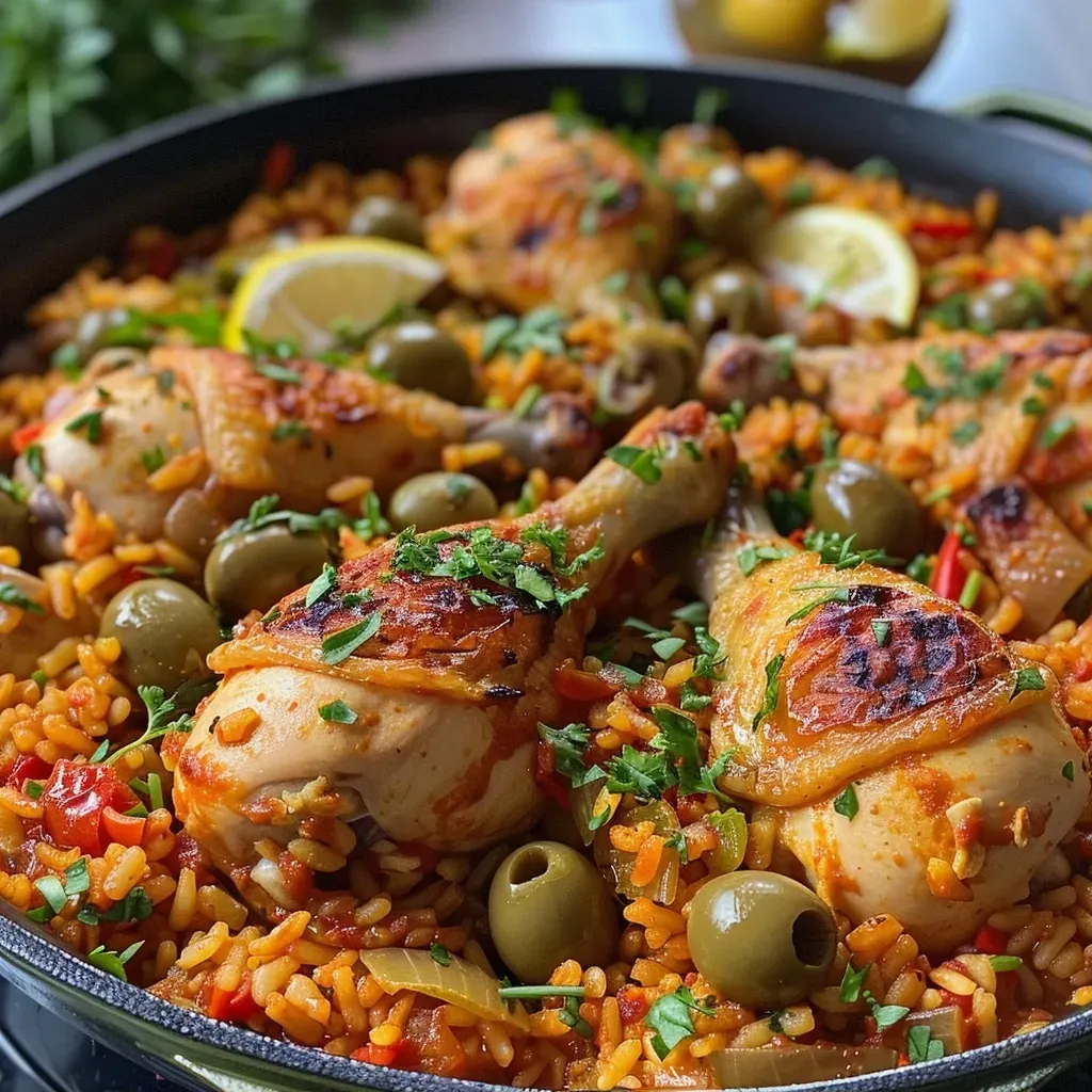 ['Pollo y arroz jugoso en una olla, listo para servir.', 'Vista lateral de un plato de pollo y arroz en una olla.', 'Receta de pollo y arroz en olla, mostrando ingredientes frescos.', 'Olla de pollo y arroz con colores vibrantes y textura apetecible.']