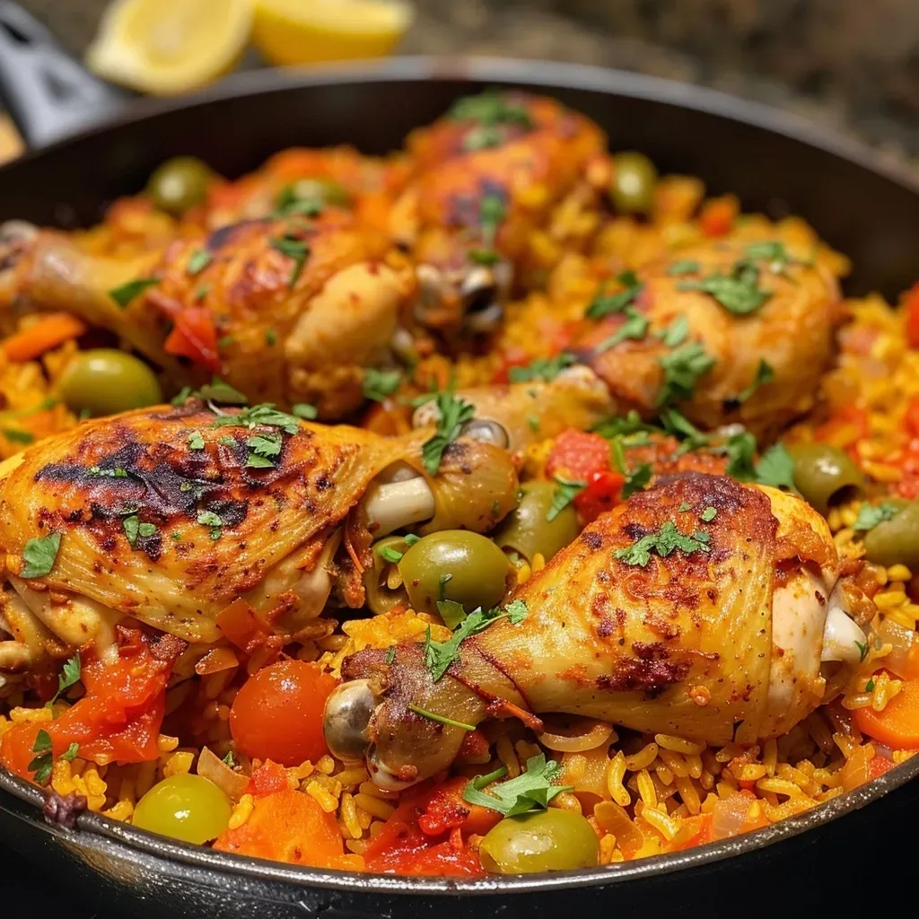 ['Pollo y arroz jugoso en una olla, listo para servir.', 'Vista lateral de un plato de pollo y arroz en una olla.', 'Receta de pollo y arroz en olla, mostrando ingredientes frescos.', 'Olla de pollo y arroz con colores vibrantes y textura apetecible.']