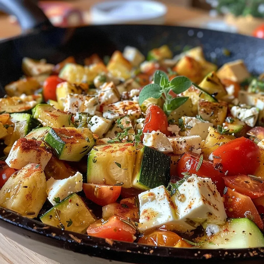 ['Plato de arroz con verduras y feta en primer plano.', 'Colorida mezcla de arroz, verduras y queso feta.', 'Reis-Gemüse-Pfanne con ingredientes frescos y vibrantes.', 'Arroz mediterráneo con pimientos, calabacín y feta.']