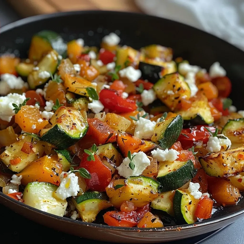 Plato de arroz con verduras y feta en primer plano.