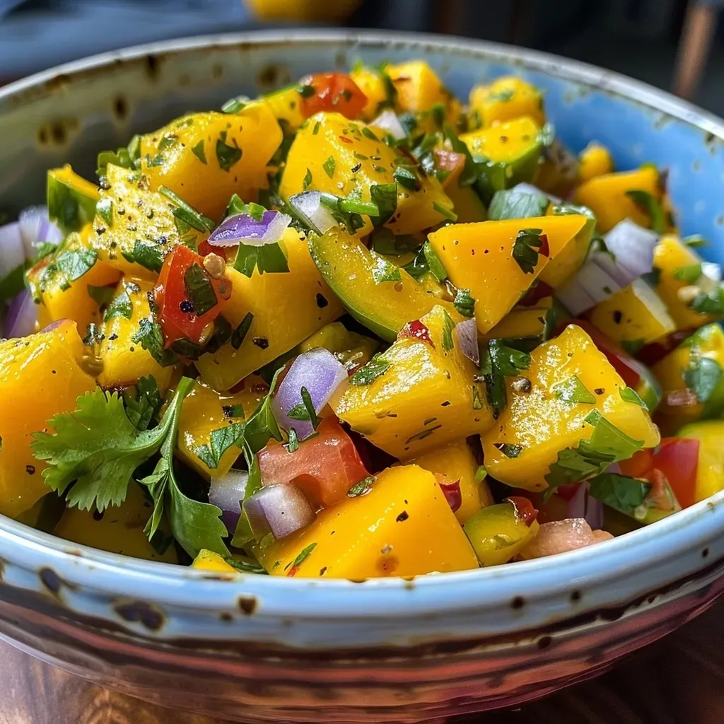 ['Salsa de mango con pepino en un tazón.', 'Primer plano de salsa fresca de mango y pepino.', 'Tazón de salsa de mango con pepino y cilantro.', 'Salsa colorida de mango y pepino con ingredientes frescos.']