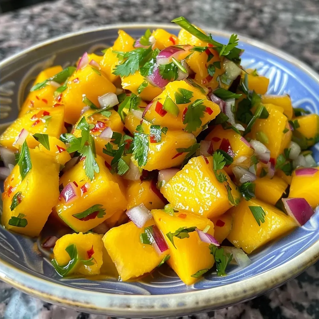 ['Salsa de mango con pepino en un tazón.', 'Primer plano de salsa fresca de mango y pepino.', 'Tazón de salsa de mango con pepino y cilantro.', 'Salsa colorida de mango y pepino con ingredientes frescos.']