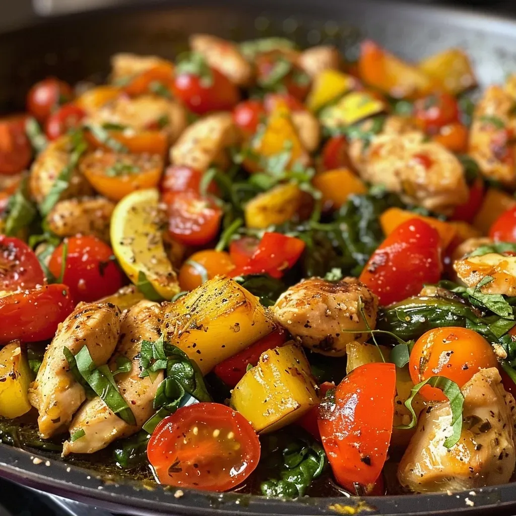 ['Salteado de pollo mediterráneo con verduras frescas.', 'Plato colorido de pollo junto a espinacas y tomates cherry.', 'Primer plano de pollo salteado con pimientos y calabaza.', 'Comida saludable con pollo, espinacas y verduras variadas.']