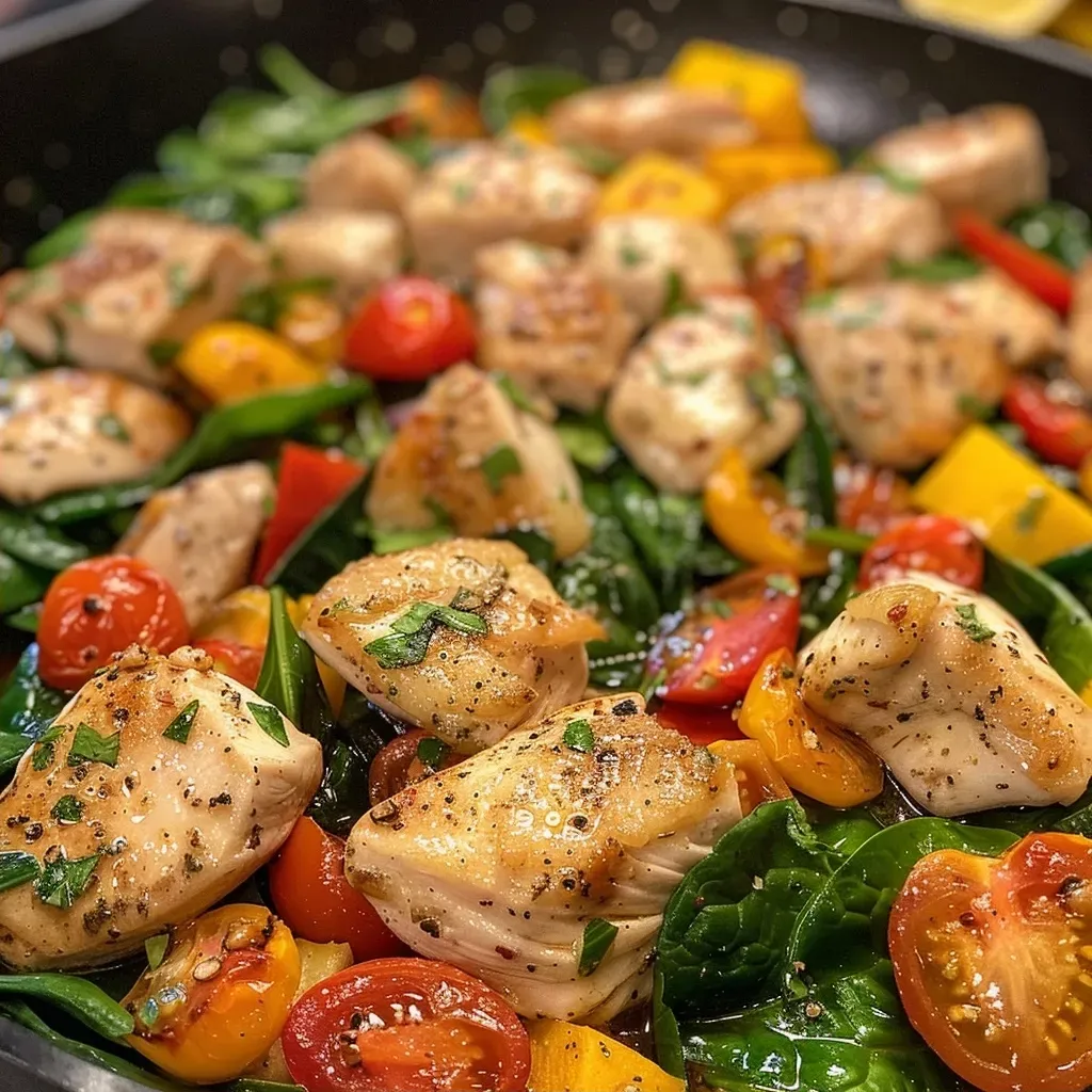 ['Salteado de pollo mediterráneo con verduras frescas.', 'Plato colorido de pollo junto a espinacas y tomates cherry.', 'Primer plano de pollo salteado con pimientos y calabaza.', 'Comida saludable con pollo, espinacas y verduras variadas.']