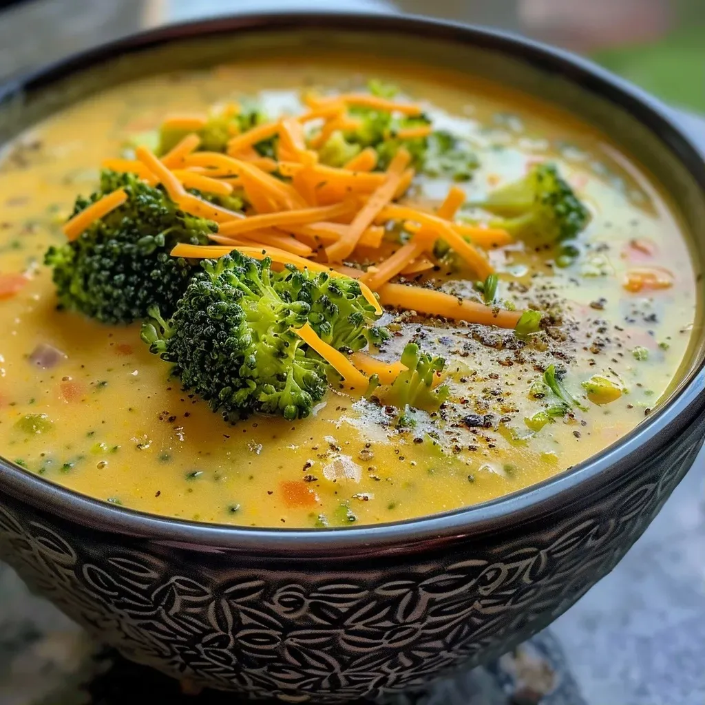 ['Sopa de brócoli con queso cheddar en un bowl.', 'Primer plano de una deliciosa sopa de brócoli y cheddar.', 'Tazón de sopa cremosa de brócoli y queso cheddar.', 'Sopa de brócoli con trozos de zanahoria y queso cheddar.']