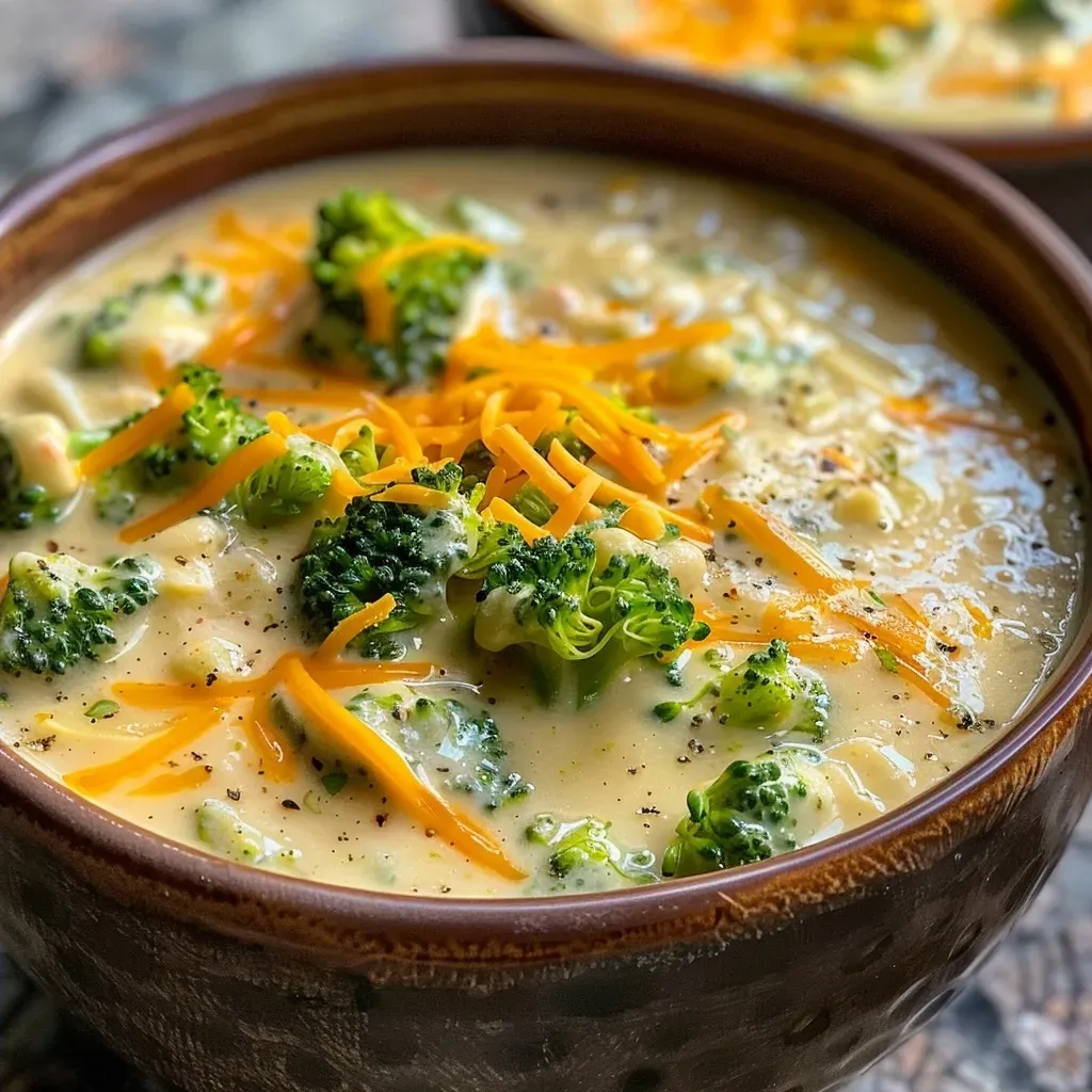 ['Sopa de brócoli con queso cheddar en un bowl.', 'Primer plano de una deliciosa sopa de brócoli y cheddar.', 'Tazón de sopa cremosa de brócoli y queso cheddar.', 'Sopa de brócoli con trozos de zanahoria y queso cheddar.']