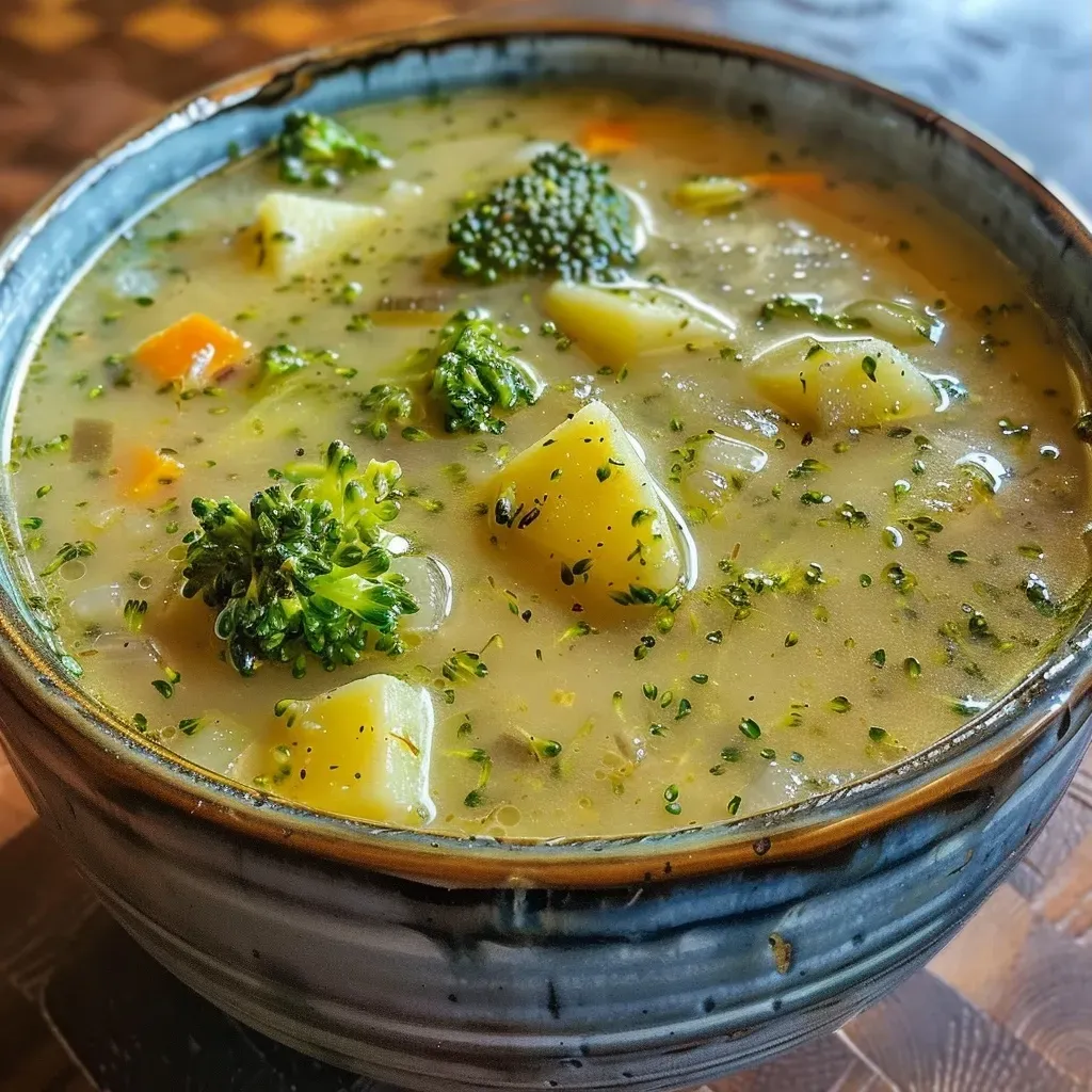 ['Sopa de brócoli saludable en un tazón.', 'Primer plano de una crema de brócoli con ingredientes frescos al lado.', 'Sopa verde de brócoli servida con trozos de zanahoria y queso.', 'Textura cremosa de sopa de brócoli en un recipiente rústico.']