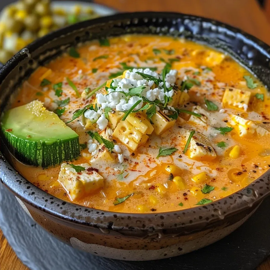 ['Sopa de calabaza con elote y queso en un tazón.', 'Primer plano de sopa de calabaza con granos de elote y queso fresco.', 'Tazón de sopa de calabaza decorado con trozos de queso.', 'Sopa de calabaza con elote servida en un plato hondo.']